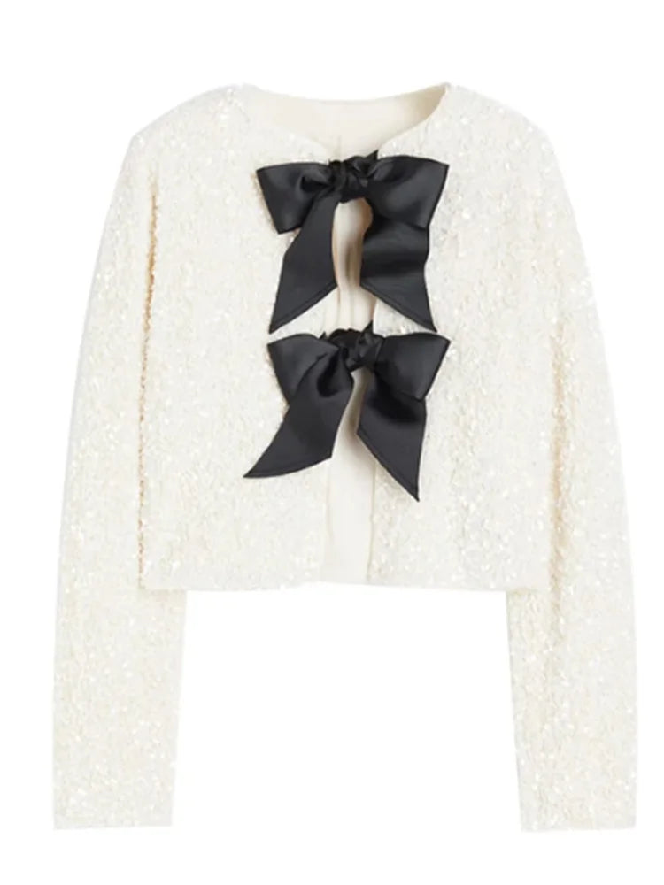 Sequins Sparkling Bow Jackets Women Shiny Evening Christmas Short Coats Female Elegant Long Sleeve Chic Partywear Tops 2023