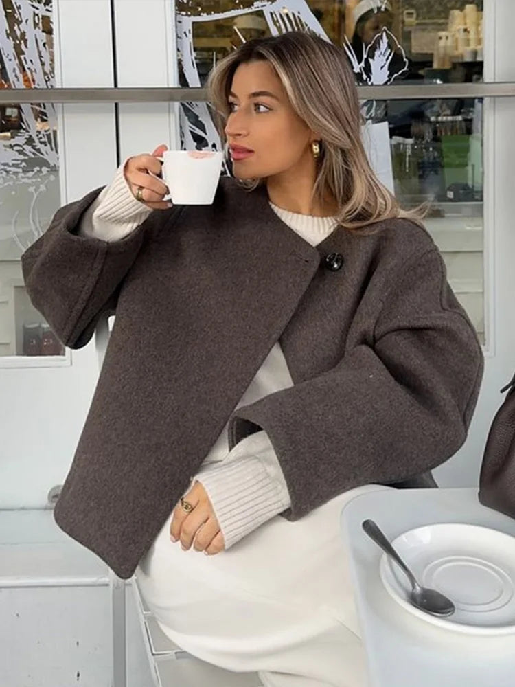 maoxiangshop - Elegant Solid Wool Mixtures Women Winter Coats Fashion One Button O-neck Warm Lady Jacket 2024 New Long Sleeve All-match Outwear