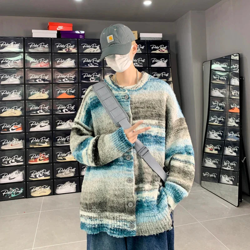 maoxiangshop Striped Cardigan Sweater Men Korean Knitted Sweater Pullover Harajuku Hip Hop Streetwear Loose Knitwear Coat Male Clothes