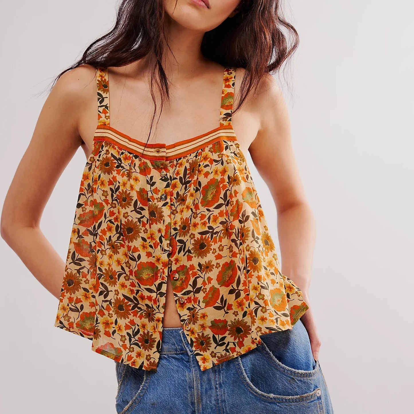 maoxiangshop - Womens Summer Bohemian Cute Tank Tops Casual Chic Floral Print Sleeveless Front Button-down Basic Y2K Vest Streetwear