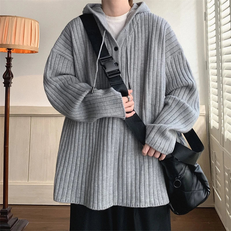 maoxiangshop Winter Clothing Men's Luxury Knitted Hooded Pullover Sweater Casual Streetwear Button-down Solid Color Long Sleeve Hoodie