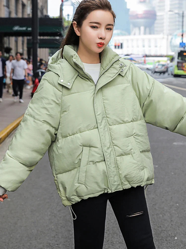 maoxiangshop Fashion Winter Hooded Puffer Jacket Women Solid Casual Warm Oversize Parkas Female Korean Loose Long Sleeve Coat Women Clothing