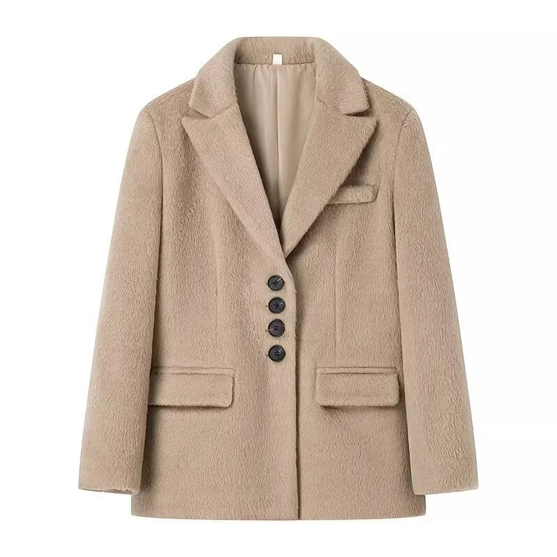 maoxiangshop - New Women's Collar Plush Jacket Elegant Loose Chic Coat Winter Thicken Fashion Office Ladies Warm Button Plush Jacket