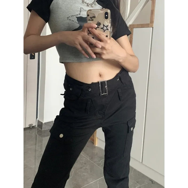 maoxiangshop - Y2k Streetwear Cargo Jeans Women Black Gyaru Gothic Grunge Flare Denim Pants Vintage Korean Style Tights Trousers Baddies