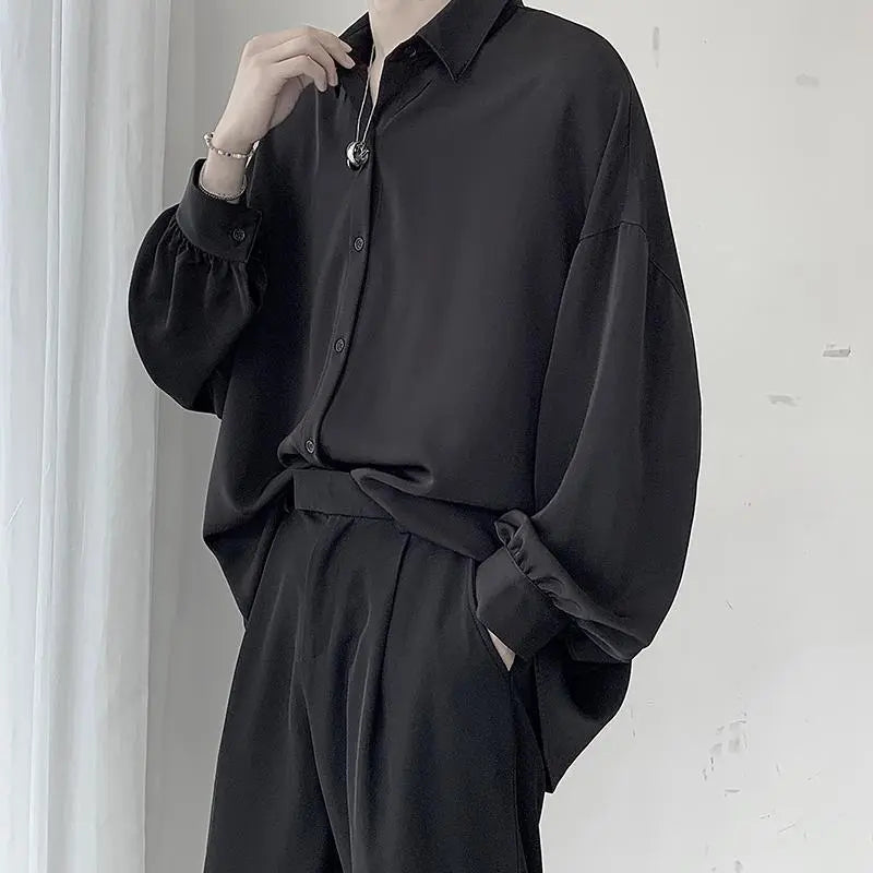 maoxiangshop Black Long-sleeved Shirts Men Korean Comfortable Blouses Casual Loose Single Breasted Shirt With Tie