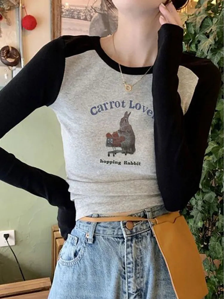 Retro Cartoon T-shirts Women Patchwork Long Sleeve Top Female Fashion Round Neck Slim Tees Ladies Summer Letter Print Tshirt