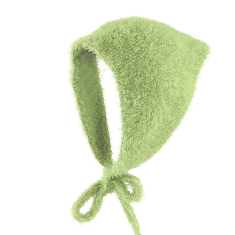 maoxiangshop - Autumn Winter Plush Triangle Scarf for Women Girls Sweet Warm Lace-Up Beanies French Fleece Knitted Bonnet Headscarf Accessories