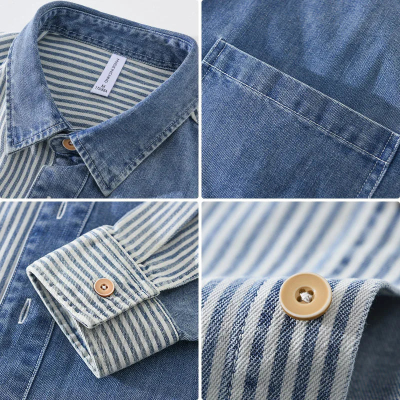 maoxiangshop New Men's Denim Shirts Spring High Street Loose Long Sleeves Jean Tops Stripe Patchwork Designer Shirt Youth Fashion Overshirt