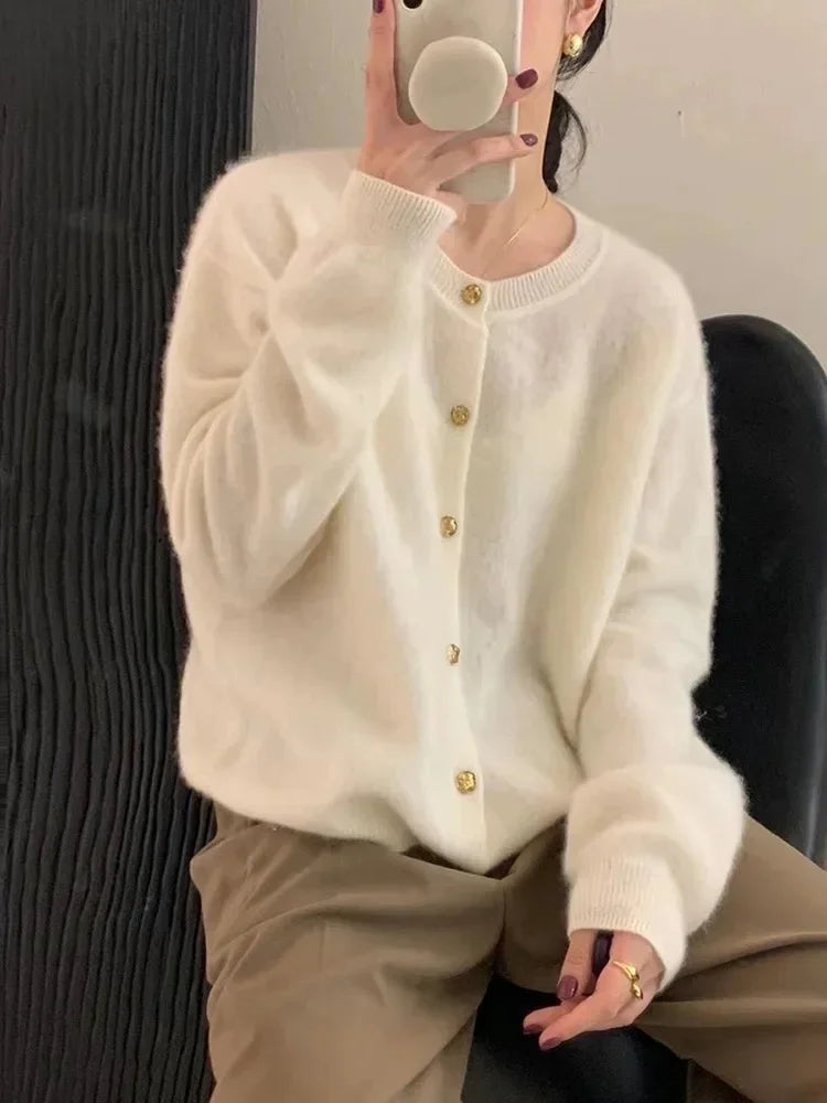 Autumn and Winter New Cashmere Crewneck Sweater Women's Coat Loose Long Sleeve Knitted Cardigan Top Women