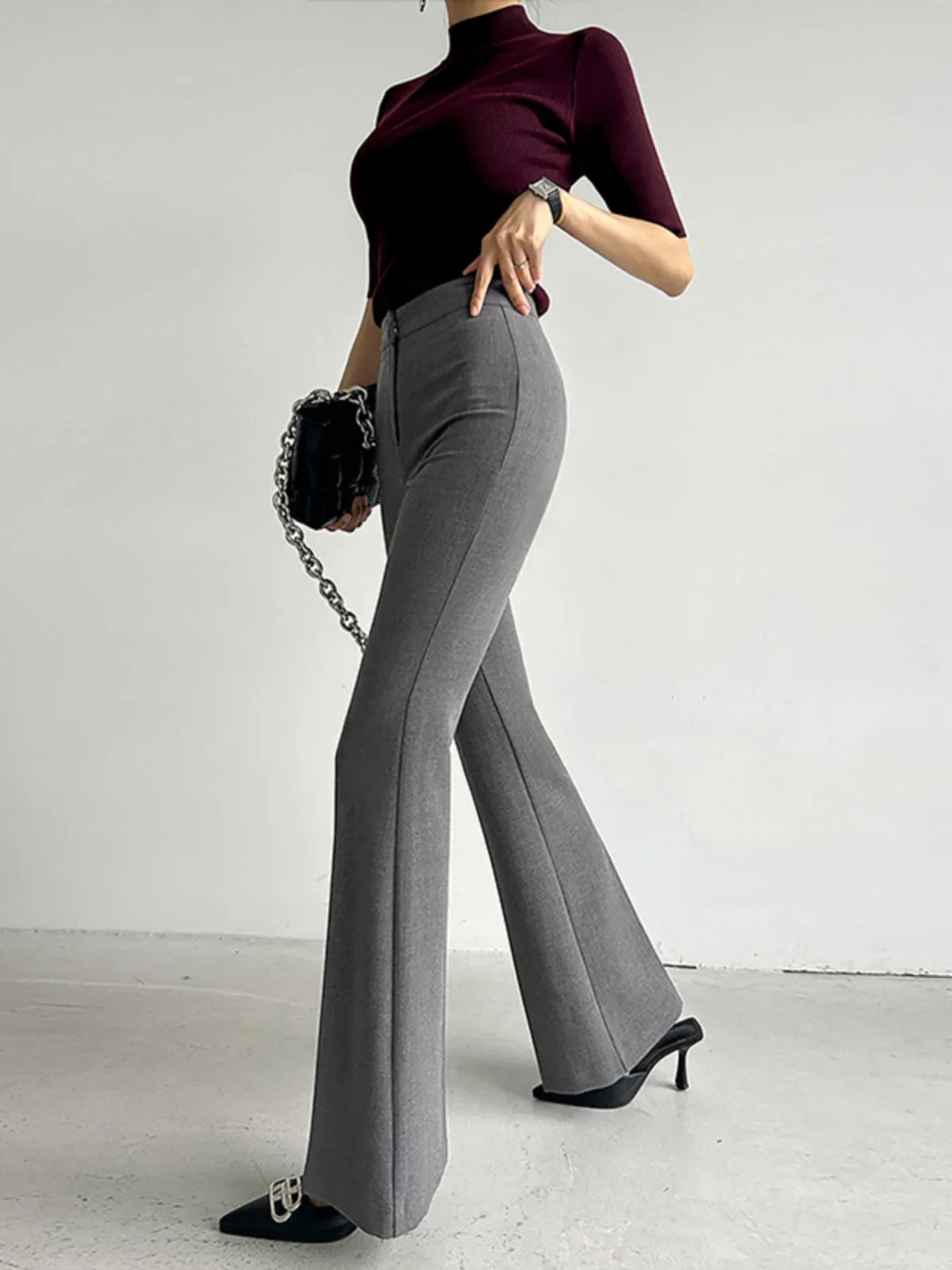maoxiangshop - Elegant Women Grey Flare Suit Pants Loose 2024 Autumn Office Ladies Korean High Waist Pockets Casual Trousers