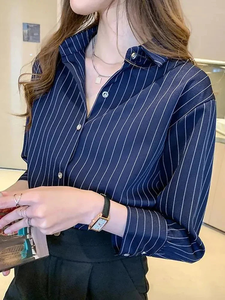 maoxiangshop Classic Striped Shirts Women Spring Autumn Polo-neck Single-breasted Long Sleeve Cardigan Blouse Fashion Office Shirt Top Women