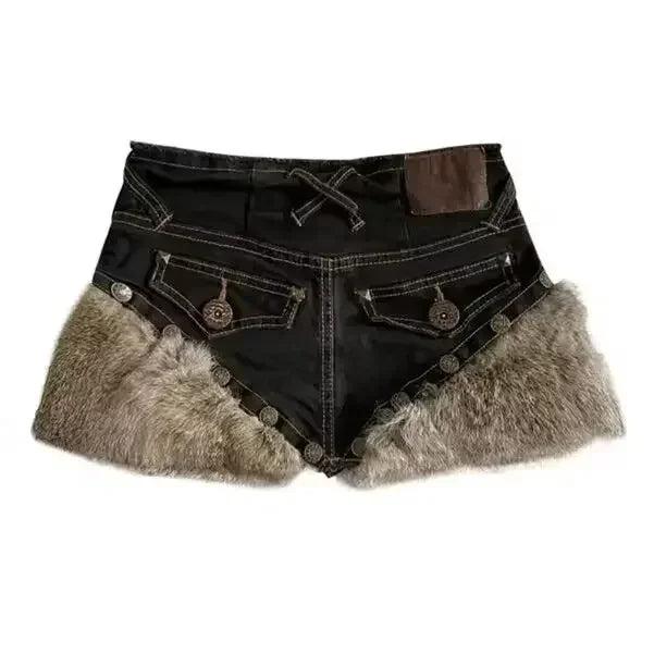 maoxiangshop - Spring and Autumn Hairy Splicing Denim Skirt Spicy Girl New Fashion Punk Style Plush High Waist Slimming Short Skirts for Women