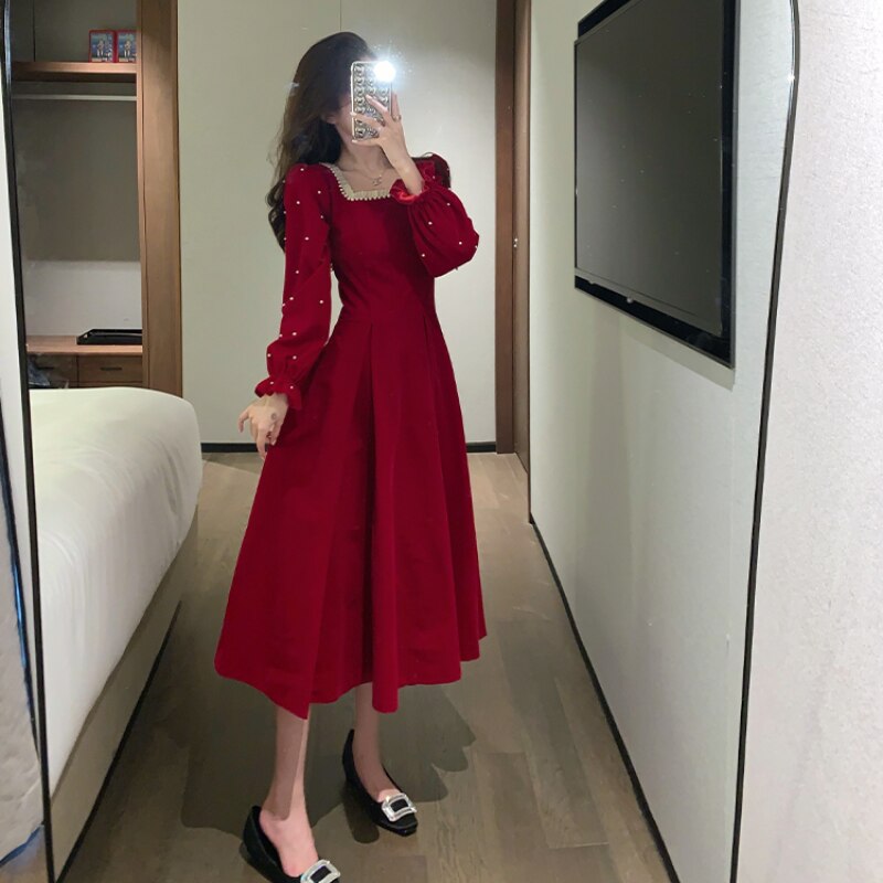 maoxiangshop Red France Vintage Dresses Women Winter Elegant Evening Party Midi Dresses New Year Casual Designer Korean One-Piece Dress Christmas