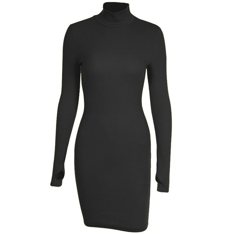 maoxiangshop Autumn Fashion Sexy Solid Turtleneck Skinny Mini Dress Women Rib Knit Keep Warm Long Sleeve Slim Dress Streetwear