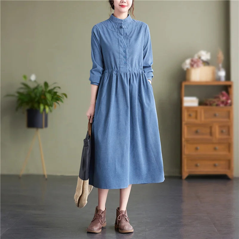 maoxiangshop Vintage Corduroy Dress Stand Collar Buttons High Waisted Midi Dress Long Sleeve Retro A Line Dress Women Pockets Autumn