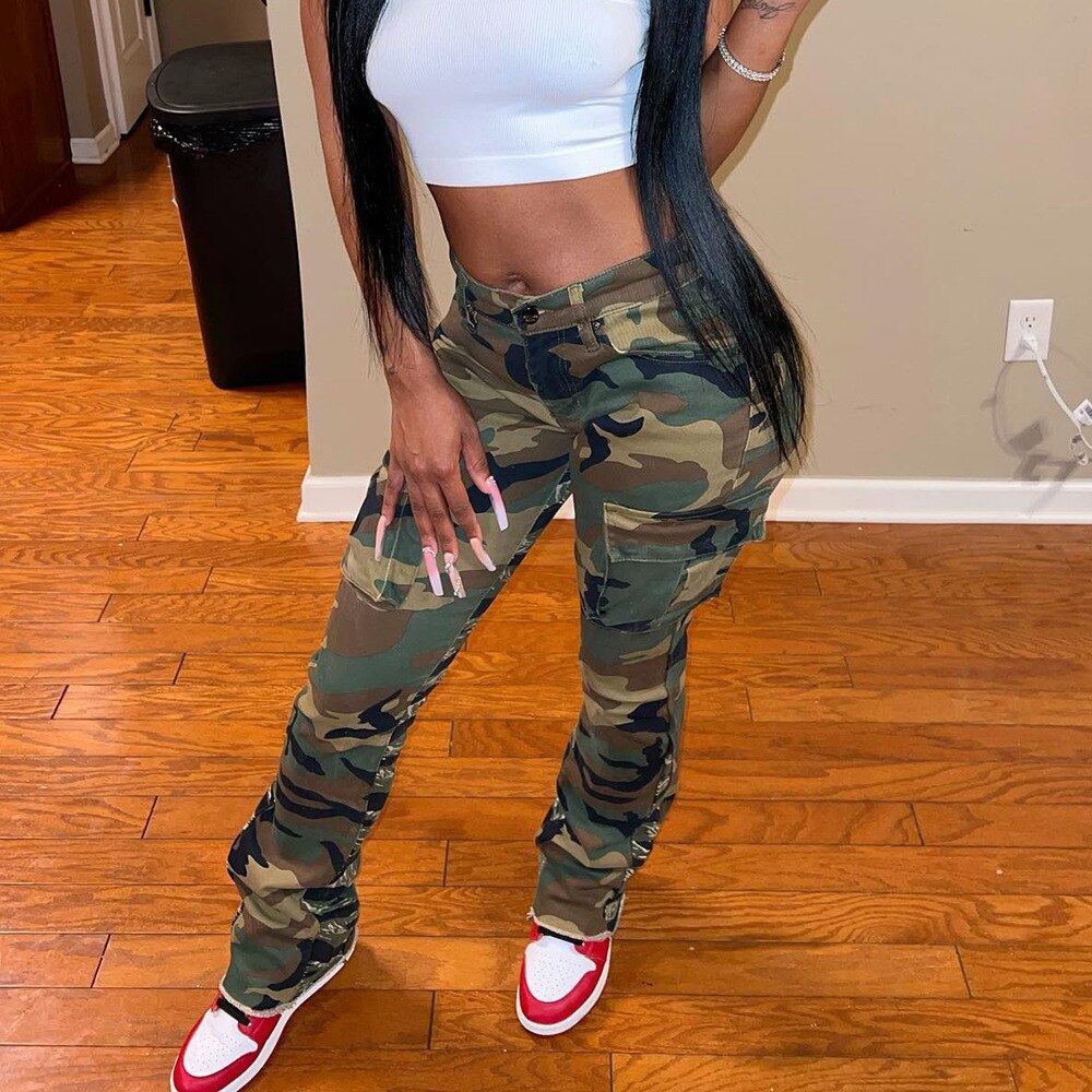 maoxiangshopCamo Flare Cargo Pants For Women High Waist Big Size Camouflage Print Baggy Techwear Patchwork Pocket Summer Streetwear Trousers