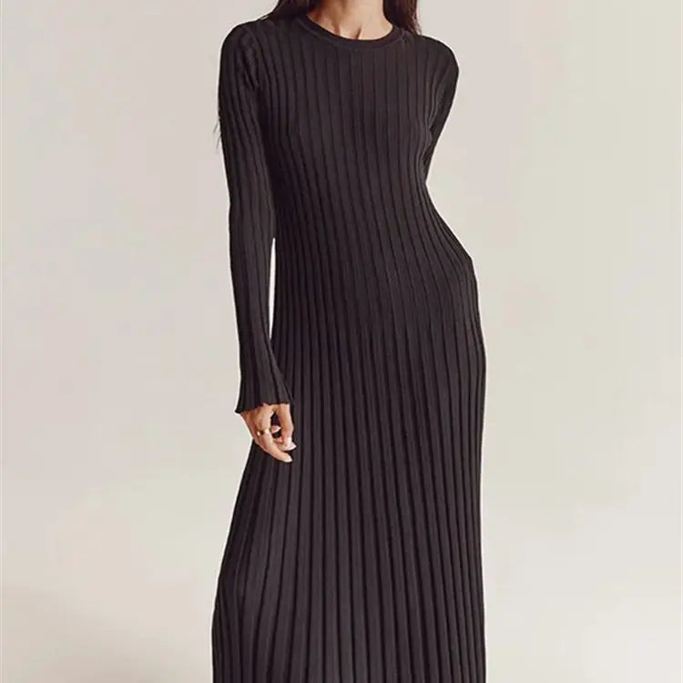 maoxiangshop - Fashion Long Sleeve Crewneck Tight Knitted Sweater Dress Autumn New Sweater Dress Women Pit Solid Color Base Dress elegant
