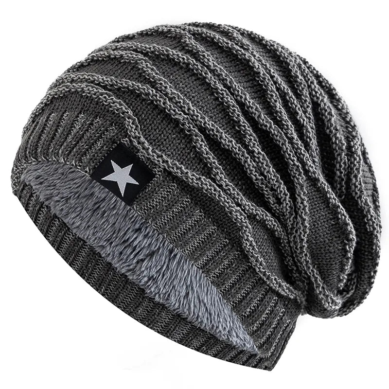 maoxiangshop New Unisex Slouchy Winter Hats Add Fur Lined Men And Women Warm Beanie Cap Casual Five-pointed Star Decor Winter Knitted Hats