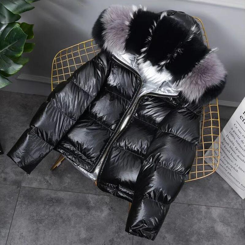 maoxiangshop Gold Silver Double Side Down Coat Winter Jacket Women Big Aritificial Fur White Duck Down Parkas Female Down Outerwear
