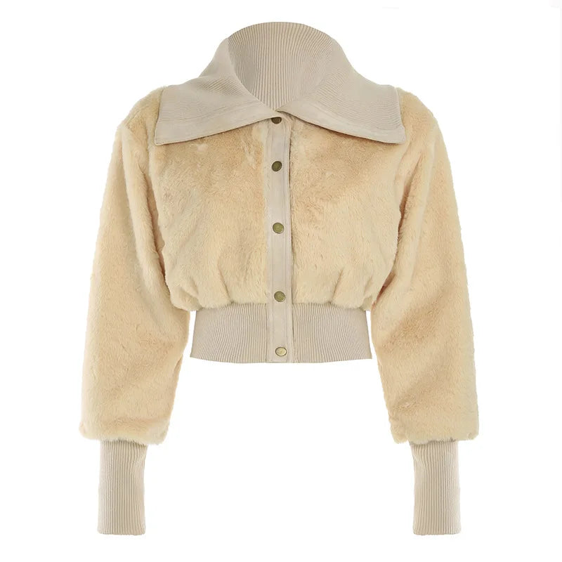 maoxiangshop - 2024 Winter Faux Fur Patchwork Jackets Women Turn Down Collar Long Sleeve Single Breasted Warm Crop Coats Top Street Outerwear
