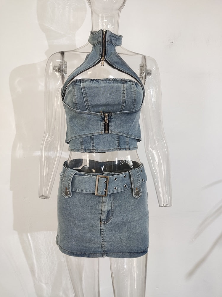 maoxiangshopWomen Halter Backless Sexy Denim Top Hig Waist Shorts New Two Piece Set Temperament Fashion Spring Summer