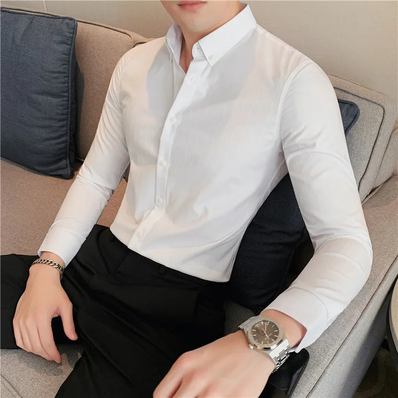 maoxiangshop British Style Men Long Sleeved Shirt Autumn Anti-wrinkle Soft Solid Casual Elastic Slim Fit Camisas Y Blusas Men Clothing
