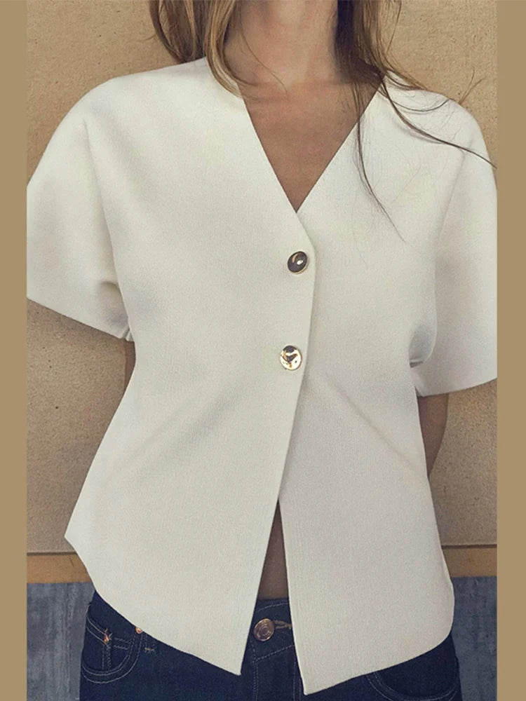 maoxiangshop - Elegant White Knit Cardigan Top Women Short Sleeve V-neck Buttons Vest Waistcoat 2024 Summer Autumn Fashion All-match Knitwear