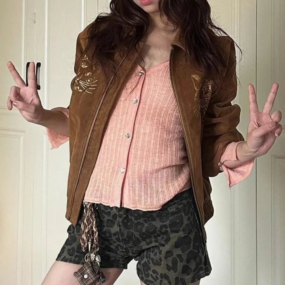 maoxiangshop - cute winter outfits Cat Embroidery Brown Heavy Embossed Suede 2024 Jacket Women Autumn Winter Vintage Long Sleeve Leather Coat Fashion Eco Top