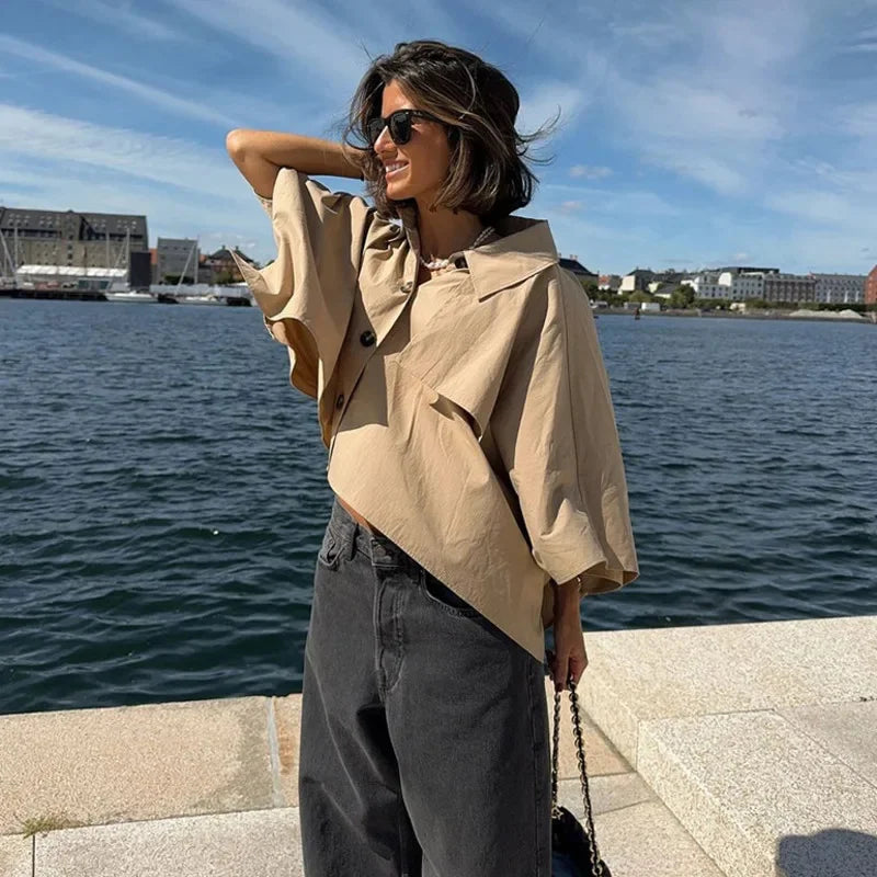 maoxiangshop - Khaki Lapel Short Cape Jacket Women Casual Single Breasted Mid Length Sleeve Coat 2024 Autumn Lady Fashion Street Warm Outerwear