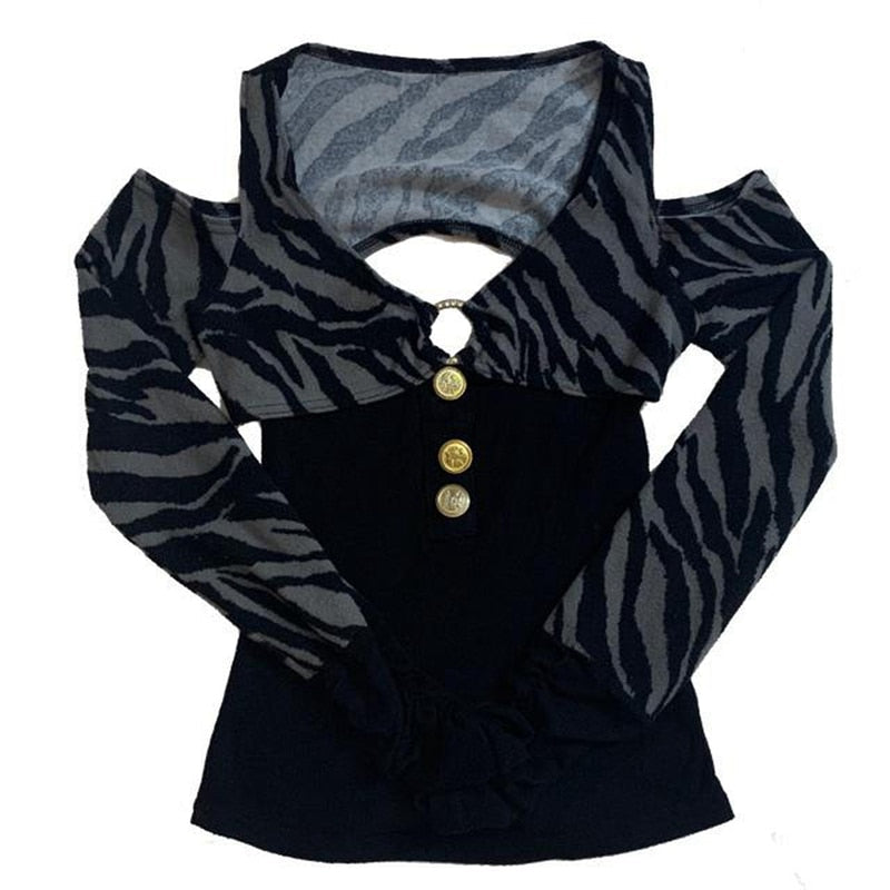maoxiangshop Vintage Grunge T-shirt Button Backless Long Sleeve Slim Fits Pullovers Tee Women Y2K Aesthetic Crop Top Streetwear
