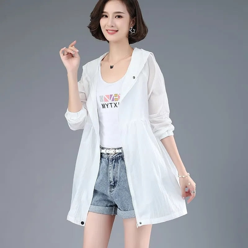maoxiangshop New Summer Medium Long Sun Protection Clothing Female Thin Jacket Loose Hooded Coat Sun Protection Windbreaker Women