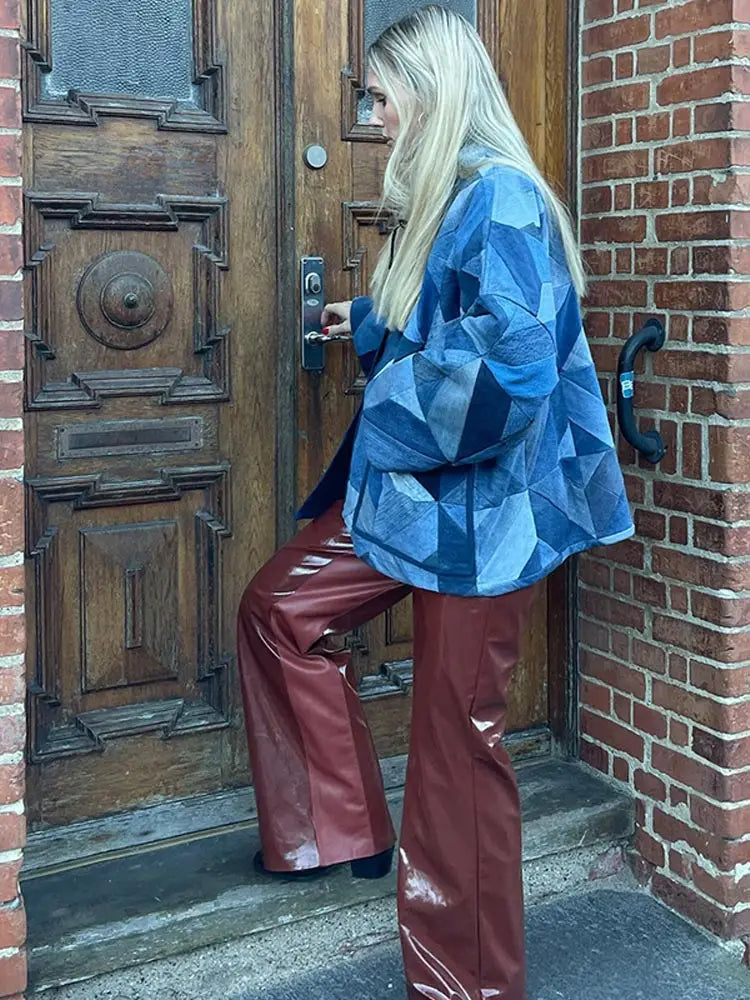maoxiangshop - Chic Women Denim Patchwork Loose Cardigan Casual V Neck Long Sleeve Pocket Coat Autumn Lady Commuting Jacket High Street Outwear