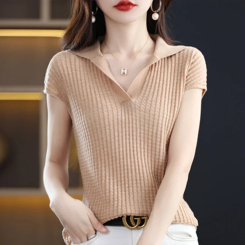 maoxiangshop Spring and Summer New Cashmere Sweater Polo collar Women's Short sleev Knitted Sweater Loose Thin Pullover Short-Sleeved