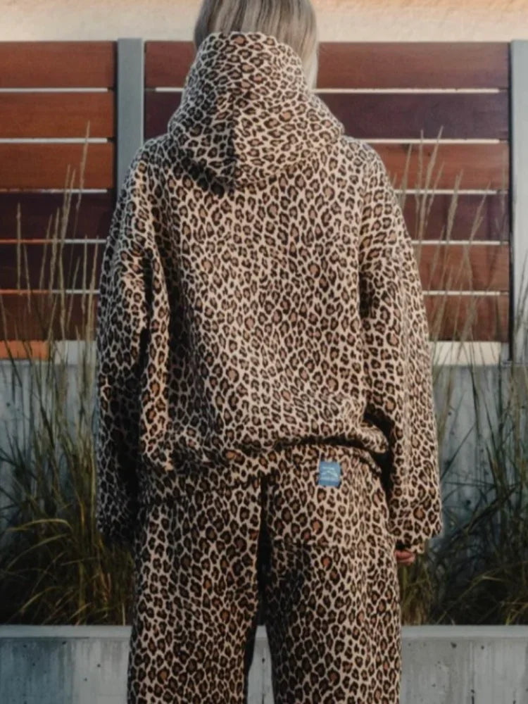 maoxiangshop Y2k Leopard Print Vintage Hoodies Women American Retro Fashion Streetwear Hiphop Oversized Hooded Sweatshirt Autumn