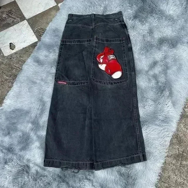 Jeans New Y2K Women Harajuku Retro Hip Hop Cartoon Embroidery Baggy Jeans Black Pants High Waisted Wide Trousers Streetwear
