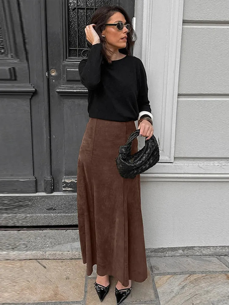 maoxiangshop - Elegant Suede Brown Women Skirts High Waist Pleated Slim Female Skirt 2024 Autumn Winter Zipper Office All Match Lady Party Wear