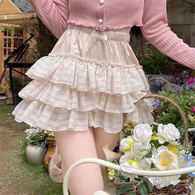 maoxiangshop Kawaii Ruffle Skirt Women Coquette Cute Lolita High Waist A-line Bow Lace Fairycore Mesh Mini Skirt Summer Mori Girl