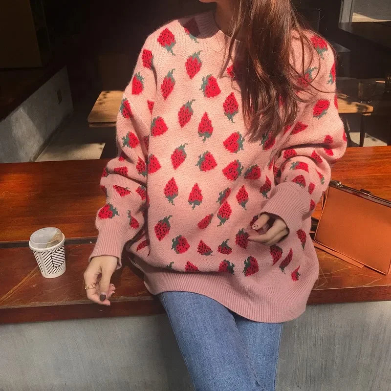 maoxiangshop - Sweet Women Sweaters Strawberries Print Long Pullovers Tops Autumn Winter Loose Sueter Mujer Girls Knitwear