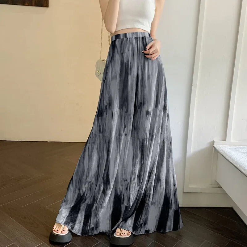 maoxiangshop Boho Vintage Long Skirts for Women Tie Dye Printed A-line Female Elegant Skirt Ladies Holiday Mid-length Maxi Skirt