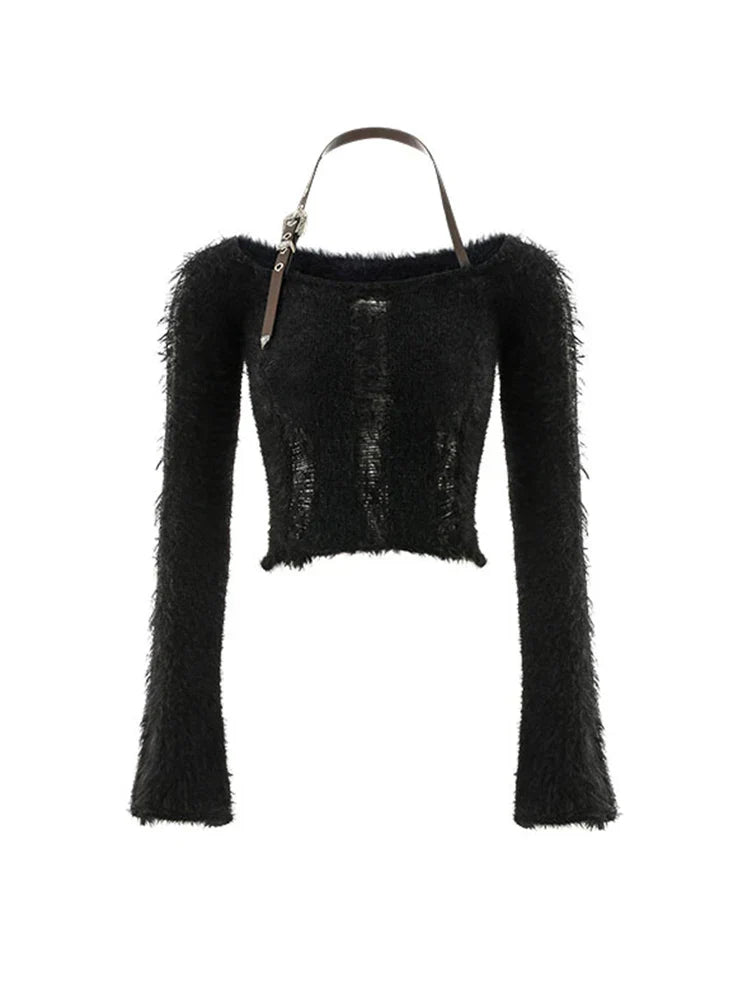 maoxiangshop2 Fall Woman 2000s Gyaru Coquette Halter Crop Top Pullovers Slash Neck Jumper Fluffy Sweater Design Knitwears Y2K Hot Sexy Kawaii