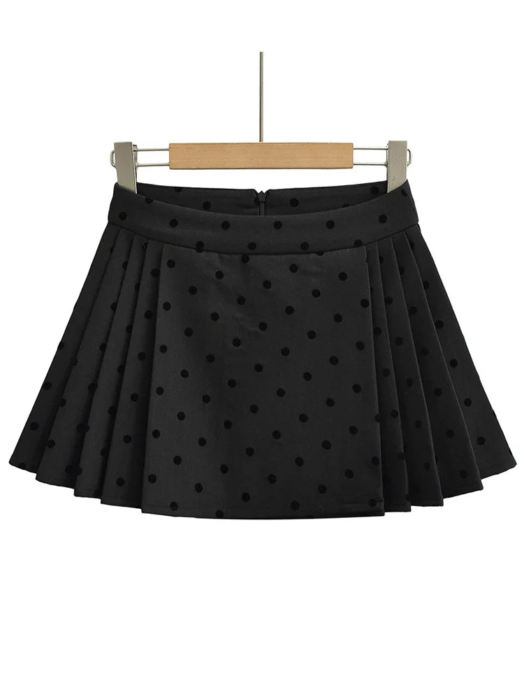 maoxiangshop - 2024 Women Fashion Sweet Polka Dot Chic Pleated Mini Skirt Preppy Style Mid Waist Short Skirts Cute Split Skorts