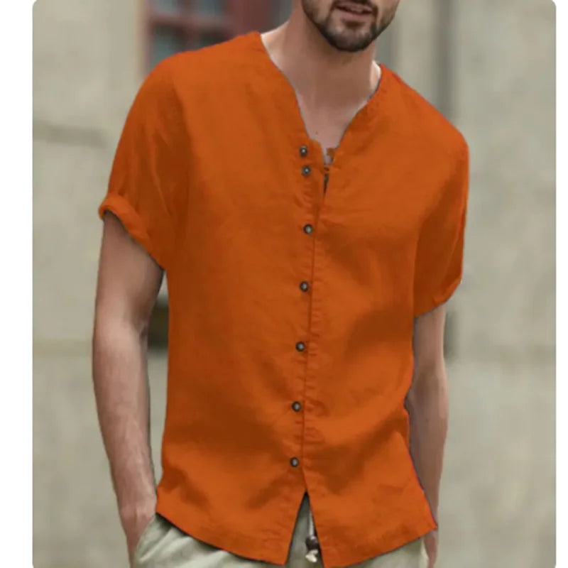 maoxiangshop Cotton hemp hot sell men's short sleeve shirt summer solid color stand collar casual beach style shirt