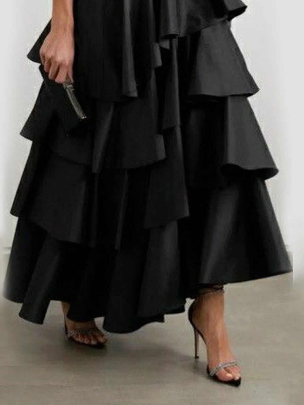 maoxiangshop Women's High Waist Layered Ruffle Maxi Cake Skirt Elegant Party Wedding Guest Y2K Solid Vintage Black Solid A Line Skirts