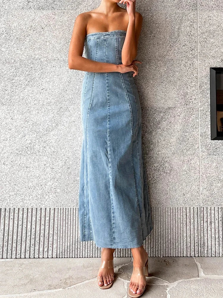 maoxiangshop - Side Slit Denim Bodycon Dress For Women Slim Sleeveless Maxi Dresses Women's Street Sexy Streetwear Woman Autumn New