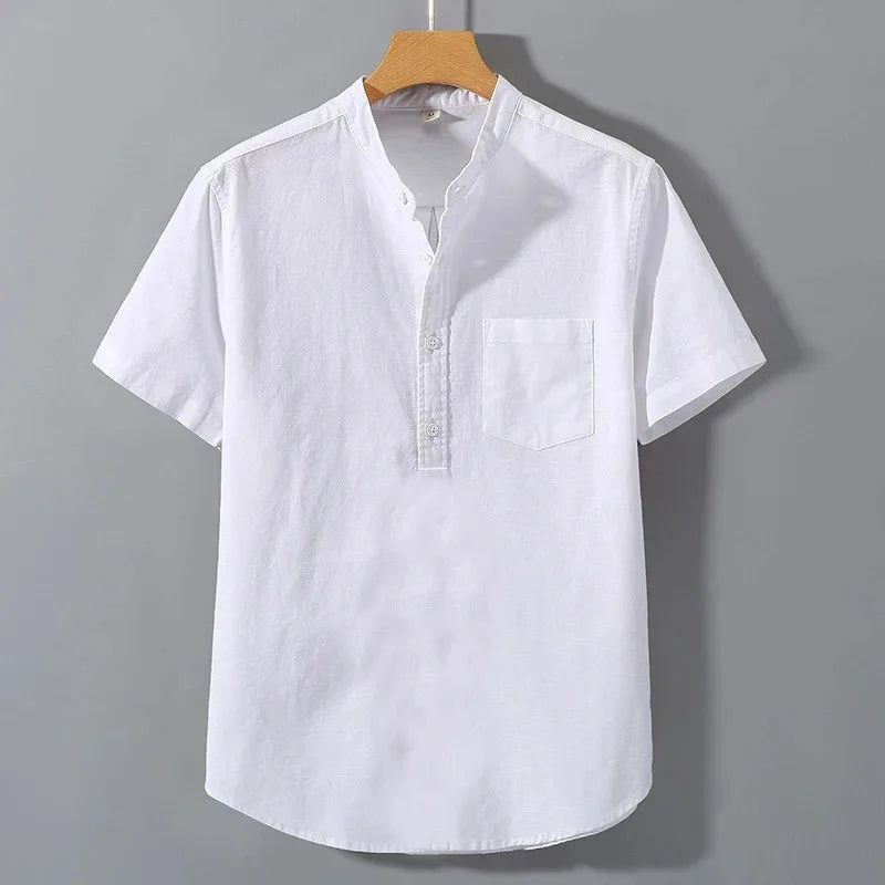 maoxiangshop New Mens Short Sleeve T Shirts Solid Color Stand Up Collar Shirt Summer Trendy Breathable Loose Youth Basic Cotton Pocket Top