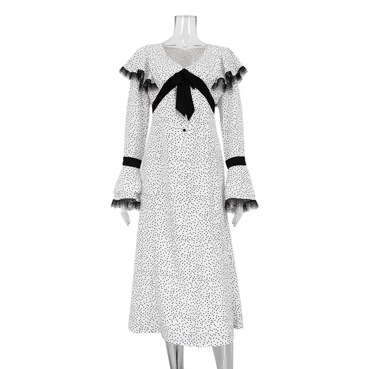 maoxiangshop - Women Ruffles A-line Long Vintage Dress Autumn New Women Elegant Long Dress Female Lace Polo Long Sleeve Slim Dot Dresses
