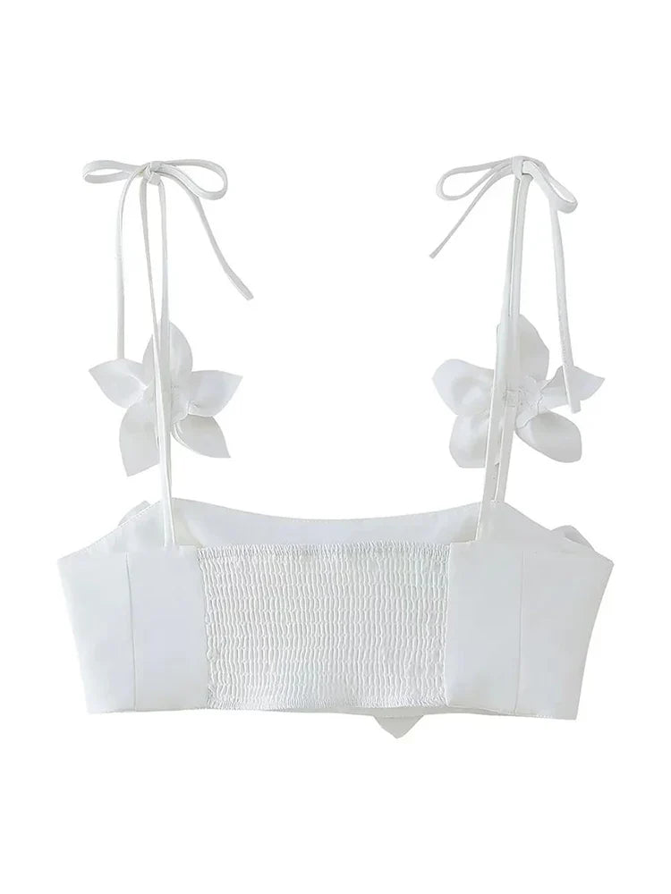 maoxiangshop - Cute Girl Fashion Flower Appliques White Elastic Short Tops Summer Chic Lady 2024 New Fashion Sling Vest