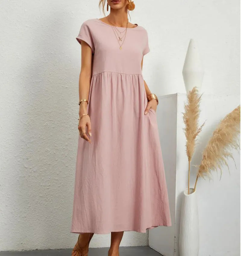 maoxiangshop Women's Elegant Solid Color Dress Summer Short Sleeve O-Neck Vintage Harajuku Cotton Linen Comfortable Loose Pocket Long Dress