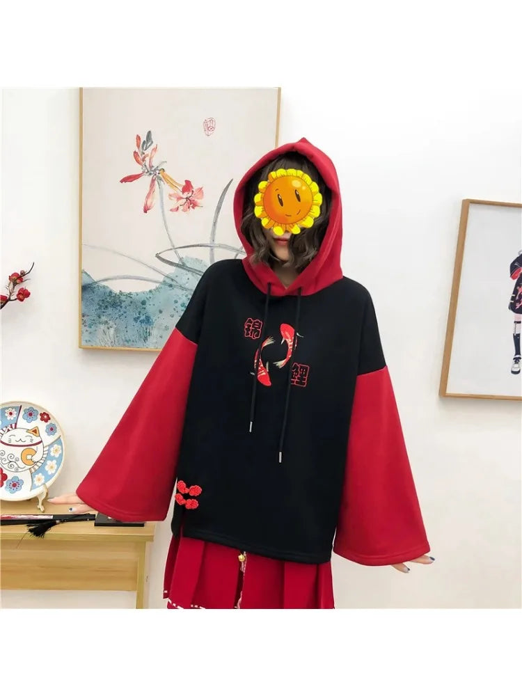 maoxiangshop Fleece Women's Hooded Sweatshirt Cartoon Embroidery Hoodies Flare Sleeve Pullover Tracksuits Winter Clothes For Sweet Girl