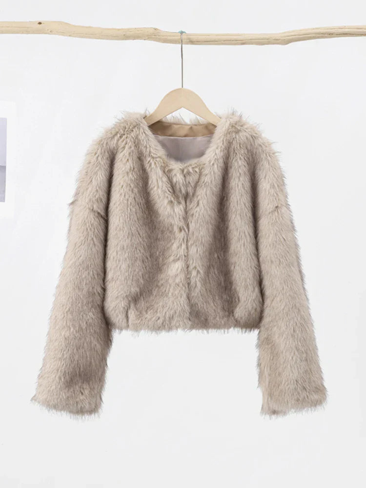 maoxiangshopCrew Neck Crop Faux Fur Women Outwear Fluffy Long Sleeve Warm Fashion Female Coat Autumn Winter Soft Streetwear Lady Tops